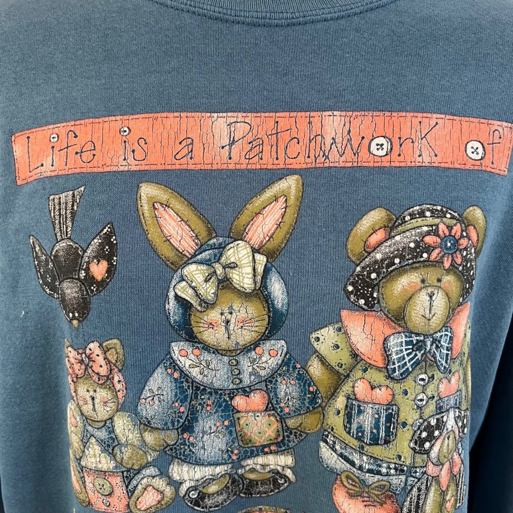 Vintage Jerzees Patchwork Friends Graphic Sweatshirt Cottagecore USA XL - Picture 3 of 11